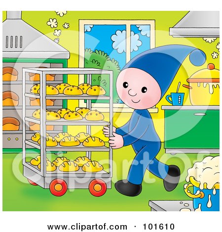 Royalty-Free (RF) Clipart Illustration of an Elf Pushing A Cart Of Bread In A Bakery by Alex Bannykh