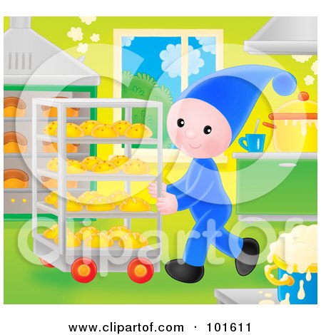 Royalty-Free (RF) Clipart Illustration of a Bakery Elf Pushing A Cart Of Breads by Alex Bannykh