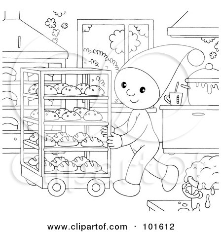 Royalty-Free (RF) Clipart Illustration of a Coloring Page Outline Of A Chef Elf Pushing A Cart Of Breads by Alex Bannykh