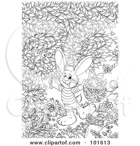 Royalty-Free (RF) Clipart Illustration of a Coloring Page Outline Of An Easter Bunny Holding Flowers And A Basket by Alex Bannykh