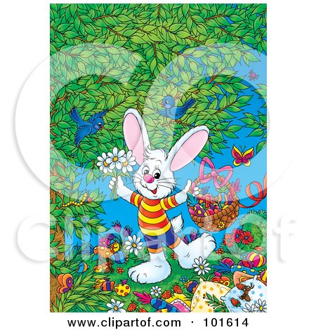 Royalty-Free (RF) Clipart Illustration of an Easter Bunny Holding Flowers And A Basket Under A Tree by Alex Bannykh