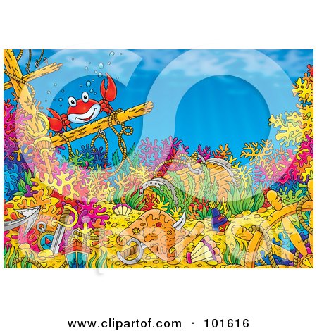 Royalty-Free (RF) Clipart Illustration of a Red Crab And Sunken Treasure On The Ocean Floor by Alex Bannykh