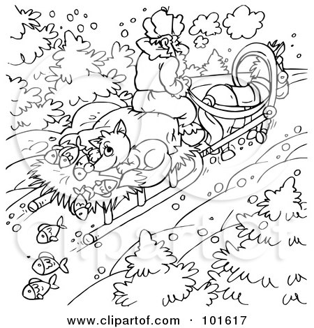 Royalty-Free (RF) Clipart Illustration of a Coloring Page Outline Of A Fox With Fish, Hitching A Ride On A Sled by Alex Bannykh