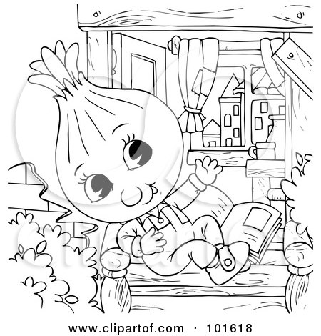 Royalty-Free (RF) Clipart Illustration of a Coloring Page Outline Of A Happy Onion Reading by Alex Bannykh
