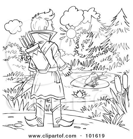 Royalty-Free (RF) Clipart Illustration of a Coloring Page Outline Of A Man Watching A Frog With An by Alex Bannykh
