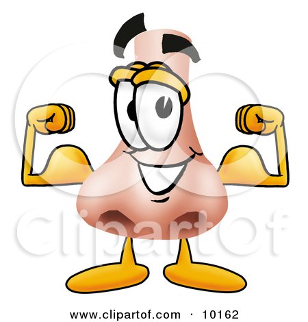 Clipart Picture of a Nose Mascot Cartoon Character Flexing His Arm Muscles by Mascot Junction