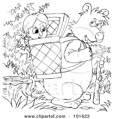 Royalty-Free (RF) Clipart Illustration of a Coloring Page Outline Of Goldilocks In A Bear's Basket by Alex Bannykh