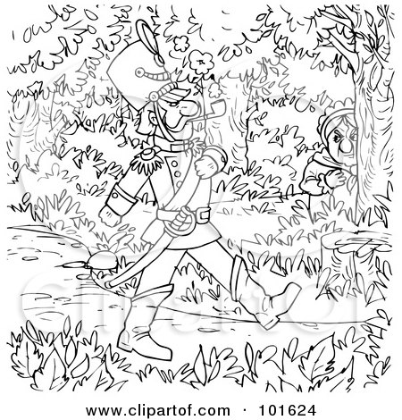 Royalty-Free (RF) Clipart Illustration of a Coloring Page Outline Of A Soldier Marching Through The Woods by Alex Bannykh