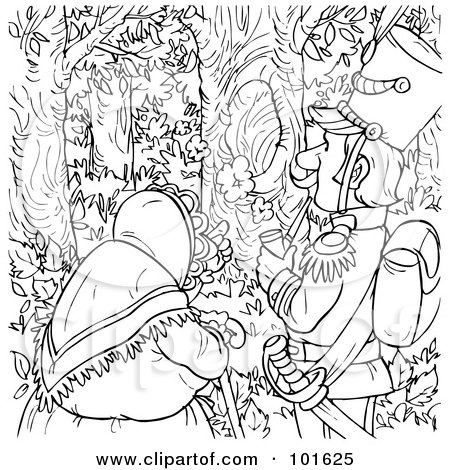 Royalty-Free (RF) Clipart Illustration of a Coloring Page Outline Of An Old Woman And Soldier In The Woods by Alex Bannykh