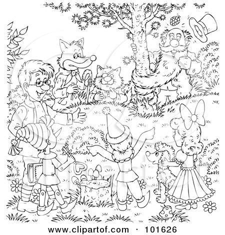 Royalty-Free (RF) Clipart Illustration of a Coloring Page Outline Of Friends Gathered Around A Tree by Alex Bannykh