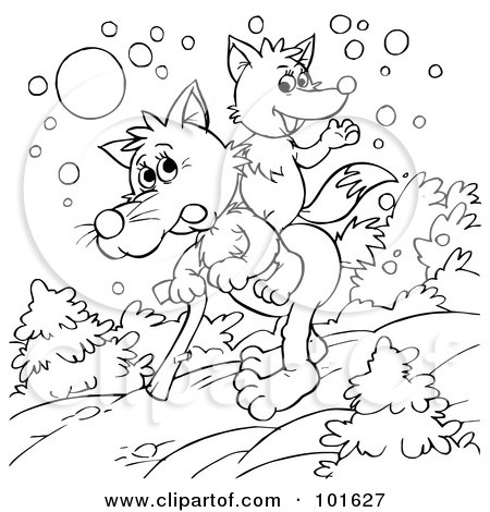 Royalty-Free (RF) Clipart Illustration of a Coloring Page Outline Of A Wolf Carrying A Fox On His Back by Alex Bannykh