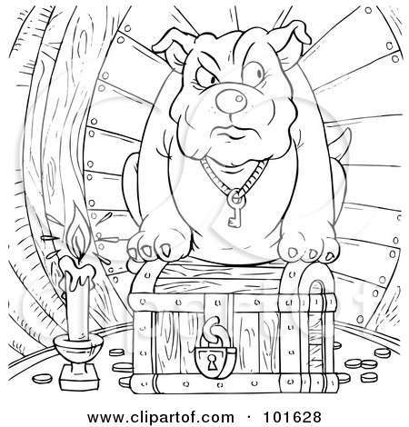 Royalty-Free (RF) Clipart Illustration of a Coloring Page Outline Of A Bulldog Wearing A Key Around His Neck, Sitting On A Chest by Alex Bannykh