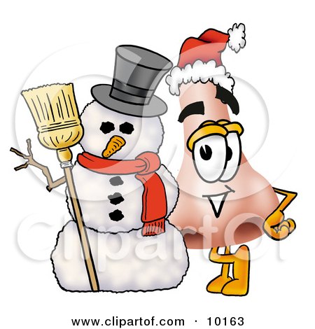Clipart Picture of a Nose Mascot Cartoon Character With a Snowman on Christmas by Mascot Junction