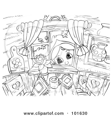 Royalty-Free (RF) Clipart Illustration of a Coloring Page Outline Of A Girl Peeking In Through A Window by Alex Bannykh