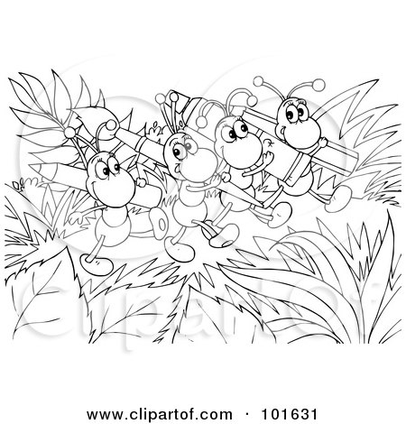 Royalty-Free (RF) Clipart Illustration of a Coloring Page Outline Of Happy Ants Carrying Art Supplies by Alex Bannykh