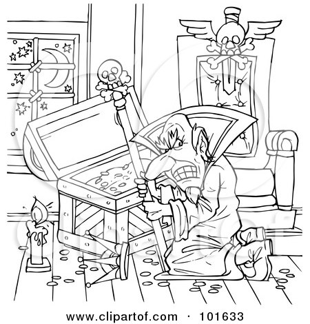 Royalty-Free (RF) Clipart Illustration of a Coloring Page Outline Of An Evil Wizard Before A Treasure Chest by Alex Bannykh