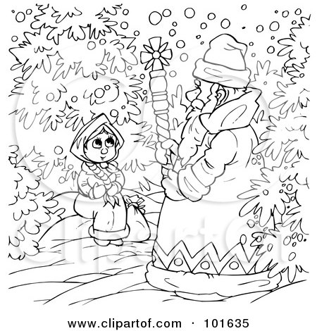 Royalty-Free (RF) Clipart Illustration of a Coloring Page Outline Of A Winter Man Talking To A Girl by Alex Bannykh