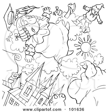 Royalty-Free (RF) Clipart Illustration of a Coloring Page Outline Of People Floating In The Sky Above A Building by Alex Bannykh