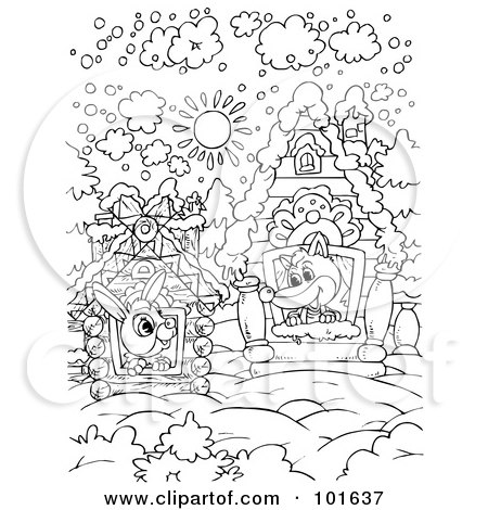 Royalty-Free (RF) Clipart Illustration of a Coloring Page Outline Of Fox And Rabbit Neighbors by Alex Bannykh