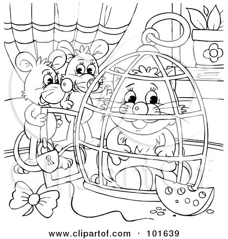 Royalty-Free (RF) Clipart Illustration of a Coloring Page Outline Of Mice Locking A Cat In A Cage by Alex Bannykh