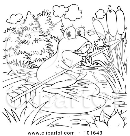 Royalty-Free (RF) Clipart Illustration of a Coloring Page Outline Of A Frog Holding An Arrow by Alex Bannykh