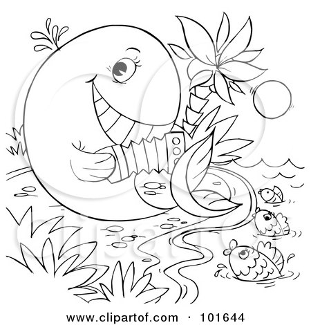 Royalty-Free (RF) Clipart Illustration of a Coloring Page Outline Of A Whale Playing An Accordion To Fish by Alex Bannykh