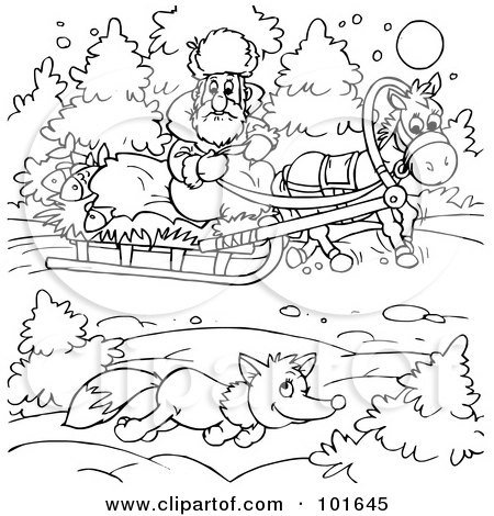 Royalty-Free (RF) Clipart Illustration of a Coloring Page Outline Of Fox Running By A Sled by Alex Bannykh