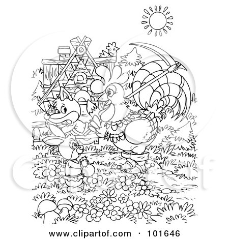 Royalty-Free (RF) Clipart Illustration of a Coloring Page Outline Of A Rooster And Rabbit Talking To A Fox by Alex Bannykh