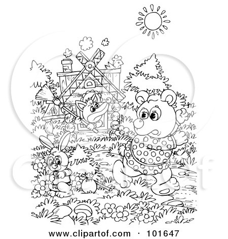 Royalty-Free (RF) Clipart Illustration of a Coloring Page Outline Of A Fox Chasing Other Animals From Her House by Alex Bannykh