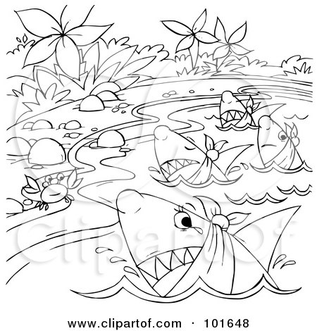 Royalty-Free (RF) Clipart Illustration of a Coloring Page Outline Of Hungry Sharks by Alex Bannykh