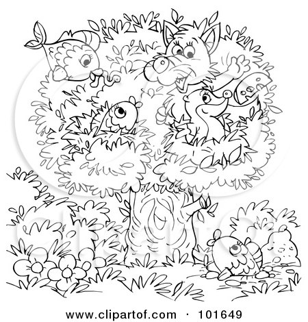 Royalty-Free (RF) Clipart Illustration of a Coloring Page Outline Of A Fox And Badger With Fish In A Tree by Alex Bannykh