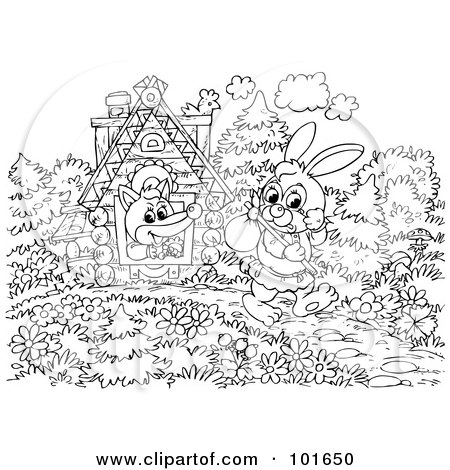 Royalty-Free (RF) Clipart Illustration of a Coloring Page Outline Of Fox Looking Out A Window At A Homeless Rabbit by Alex Bannykh