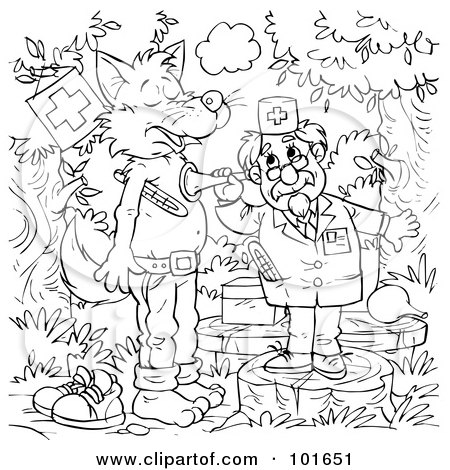 Royalty-Free (RF) Clipart Illustration of a Coloring Page Outline Of A Veterinarian Helping A Sick Wolf by Alex Bannykh