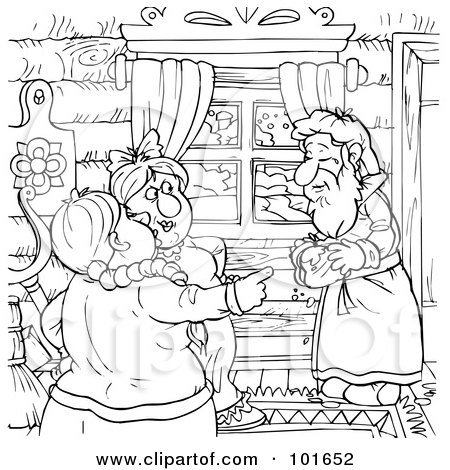 Royalty-Free (RF) Clipart Illustration of a Coloring Page Outline Of Mean Women By A Hungry Man by Alex Bannykh