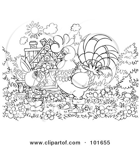 Royalty-Free (RF) Clipart Illustration of a Coloring Page Outline Of A Rabbit And Rooster By A Cottage by Alex Bannykh