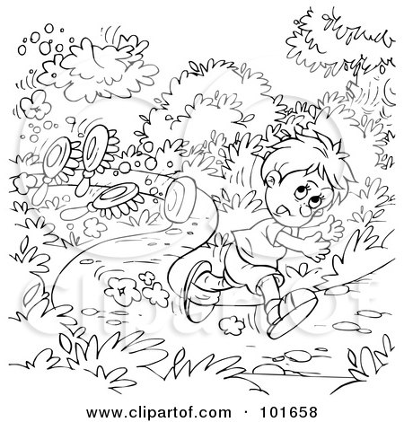Royalty-Free (RF) Clipart Illustration of a Coloring Page Outline Of A Boy Running Down A Path by Alex Bannykh