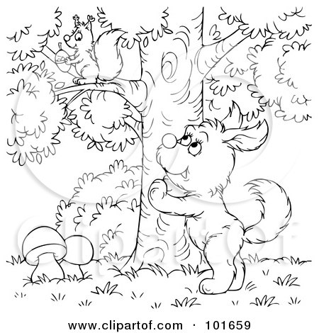 Royalty-Free (RF) Clipart Illustration of a Coloring Page Outline Of A Dog Barking Up A Tree At A Squirrel by Alex Bannykh