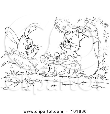 Royalty-Free (RF) Clipart Illustration of a Coloring Page Outline Of A Squirrel And Rabbit By A Stump by Alex Bannykh
