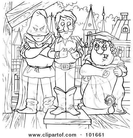 Royalty-Free (RF) Clipart Illustration of a Coloring Page Outline Of Men And A Woman Standing By A Podium by Alex Bannykh