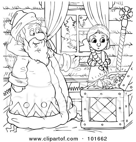 Royalty-Free (RF) Clipart Illustration of a Coloring Page Outline Of A Man Showing A Girl A Treasure Chest by Alex Bannykh