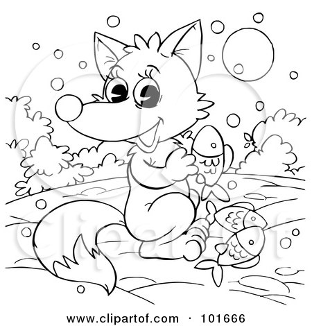 Royalty-Free (RF) Clipart Illustration of a Coloring Page Outline Of A Cute Fox With Fish by Alex Bannykh