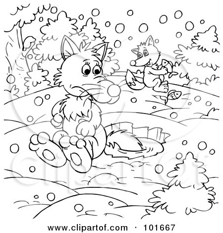 Royalty-Free (RF) Clipart Illustration of a Coloring Page Outline Of A Wolf And Fox Ice Fishing by Alex Bannykh