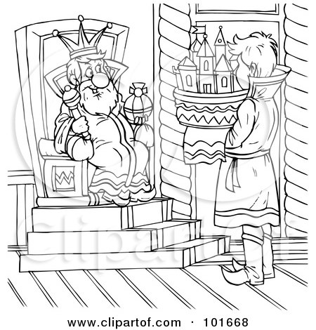 Royalty-Free (RF) Clipart Illustration of a Coloring Page Outline Of A Man Presenting A Model Before A King by Alex Bannykh