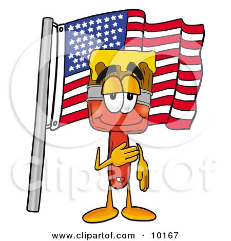 Clipart Picture of a Paint Brush Mascot Cartoon Character Pledging Allegiance to an American Flag by Mascot Junction