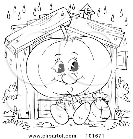 Royalty-Free (RF) Clipart Illustration of a Coloring Page Outline Of A Happy Tomato Leaning Against A House by Alex Bannykh