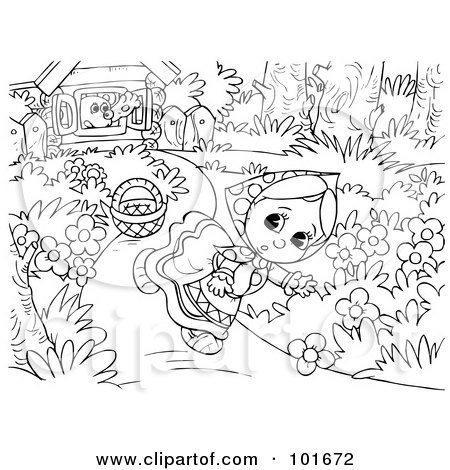 Royalty-Free (RF) Clipart Illustration of a Coloring Page Outline Of A Girl Running From A Bear House by Alex Bannykh