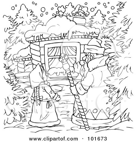Royalty-Free (RF) Clipart Illustration of a Coloring Page Outline Of A Winter Man Asking A Girl To Look In A Window by Alex Bannykh