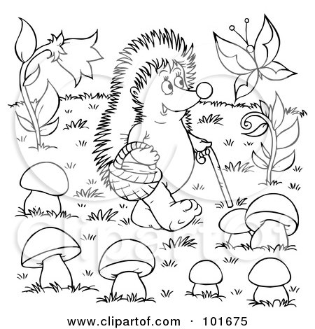 Royalty-Free (RF) Clipart Illustration of a Coloring Page Outline Of A Hedgehog Walking And Watching A Butterfly by Alex Bannykh