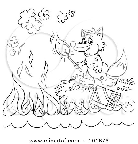 Royalty-Free (RF) Clipart Illustration of a Coloring Page Outline Of A Fox Lighting A Match by Alex Bannykh