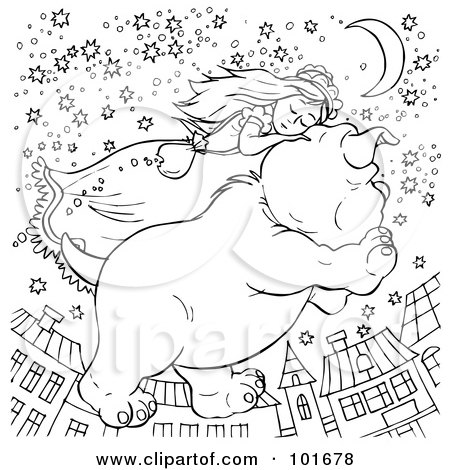 Royalty-Free (RF) Clipart Illustration of a Coloring Page Outline Of A Girl Sleeping On A Flying Dog by Alex Bannykh
